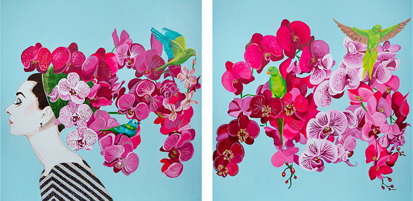 Audrey Diptych With Orchids and Parrots