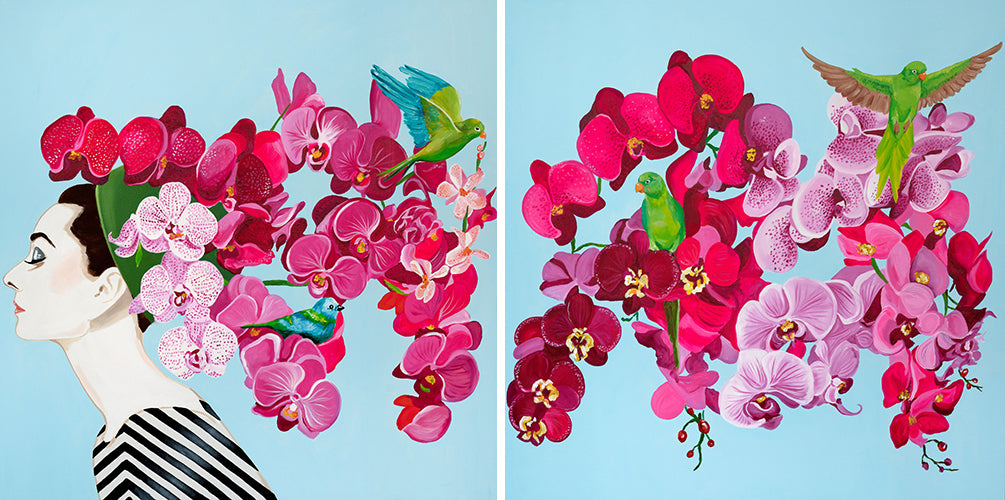 Audrey Diptych With Orchids and Parrots