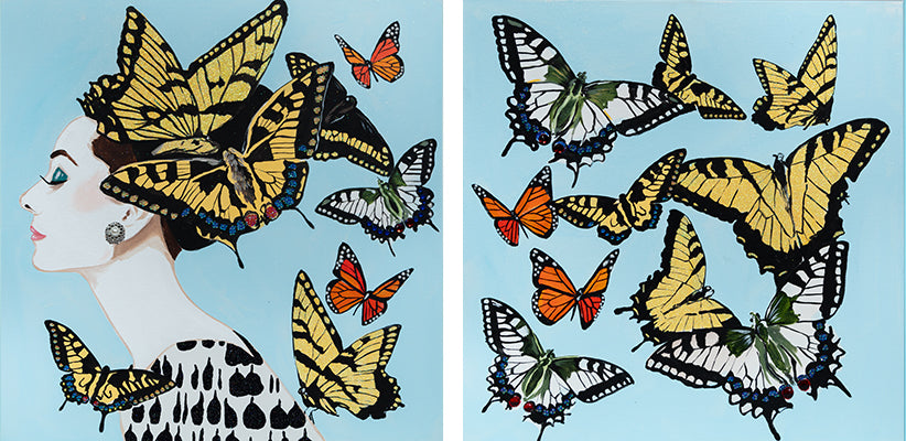 Audrey Diptych With Butterfly Swarm on Beau Blue