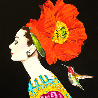 Audrey With Ruby-Throated Hummingbird and Red Poppy Chapeau