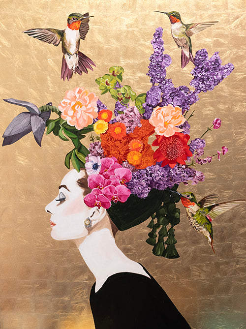 Audrey With Ruby-Throated Hummingbirds and Floral Chapeau on Gold Leaf