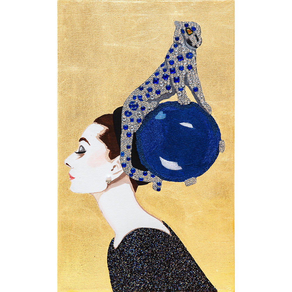 #47 Audrey Mini Masterpiece With Panther & Cabochon Pearl Brooch on Gold Leaf