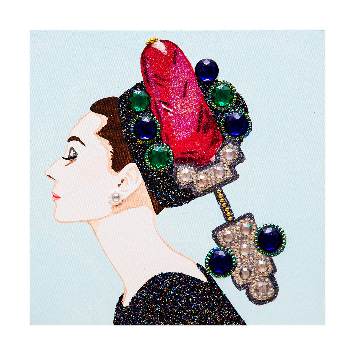 #37 Audrey Cabochon Emeralds, Sapphires & Ruby Flower Brooch on Baby Blue