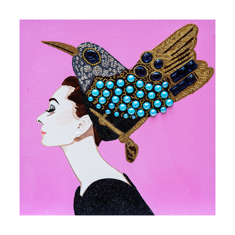 #43 Audrey With Sapphire, Turquoise & Diamond Brooch on Baby Pink