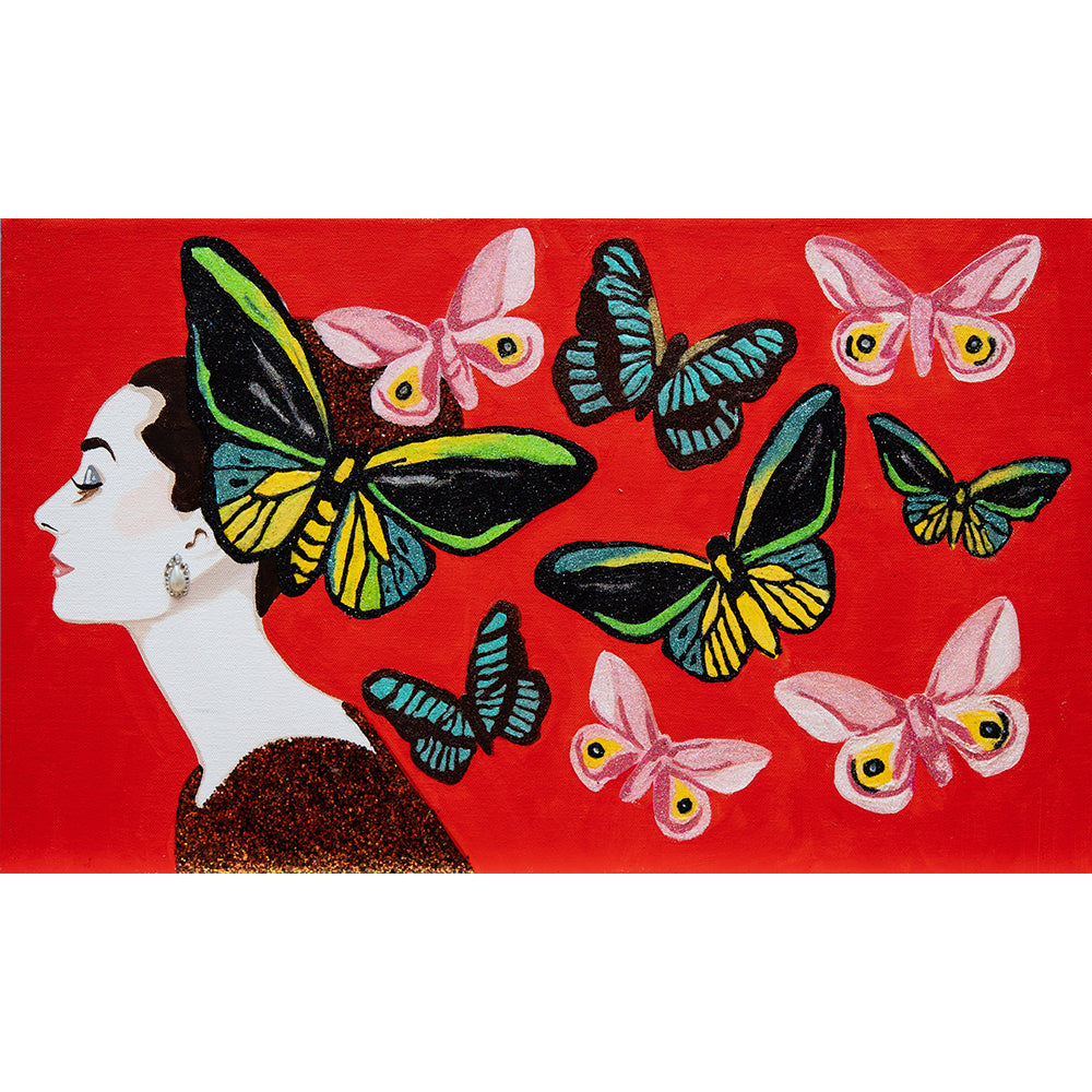 #20 Audrey Mini Masterpiece With Butterfly Swarm on Vermillion Red