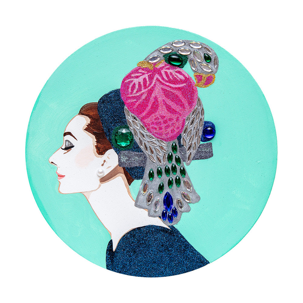 #35 Audrey Tondo With Diamond, Ruby & Sapphire Parrot Brooch on Mint Green