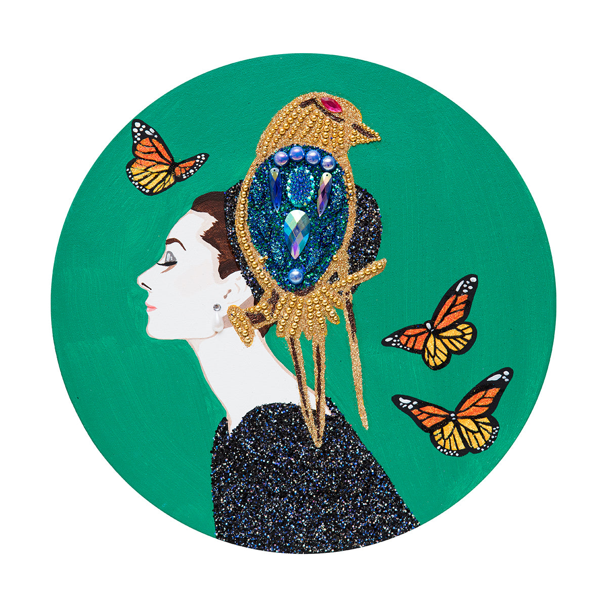 #34 Audrey Tondo With Lapis Lazuli, Ruby & Gold Bird Brooch on Teal Green