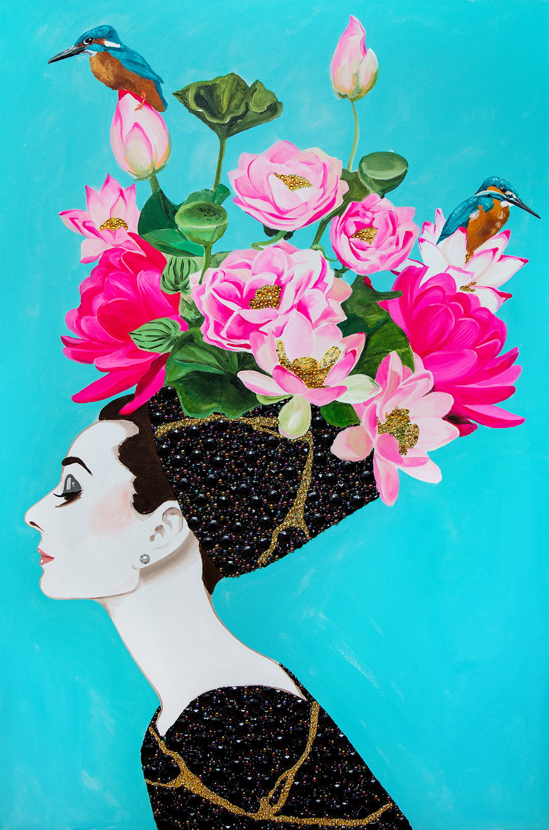 Audrey with Pink and Green Floral Chapeau on Turquoise