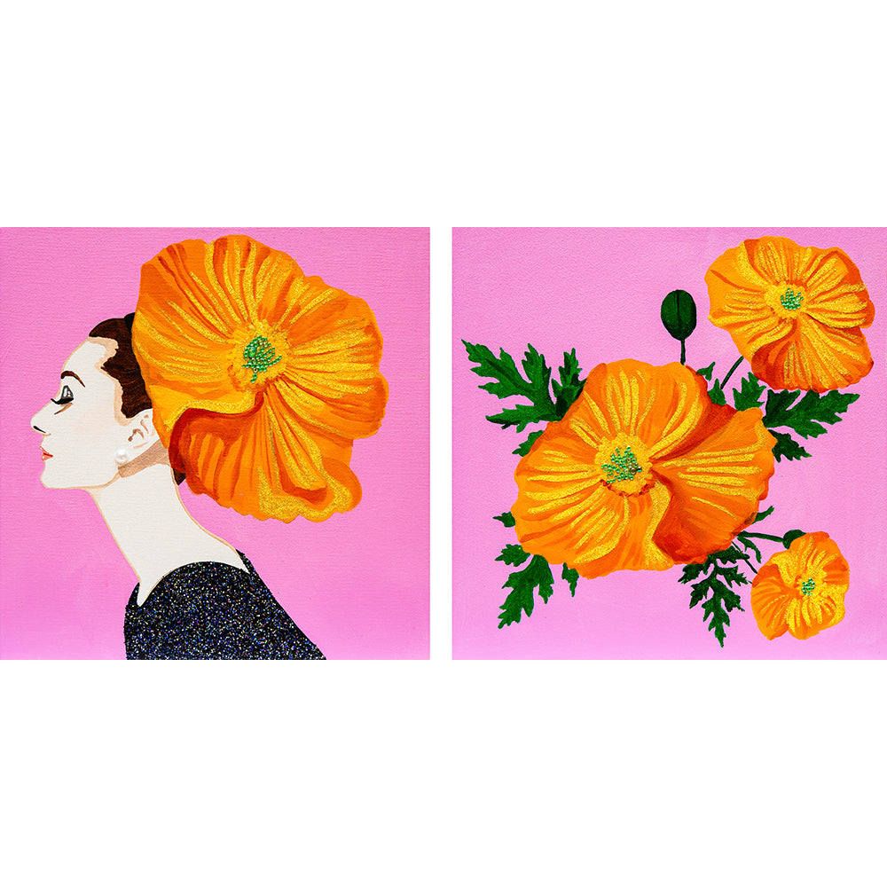 #10 Audrey Diptych With California Poppies on Classic Pink