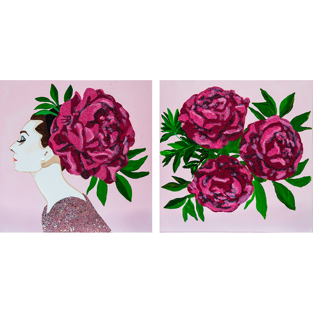 #6 Audrey Diptych With Deep Pink Peonies on Pale Pink