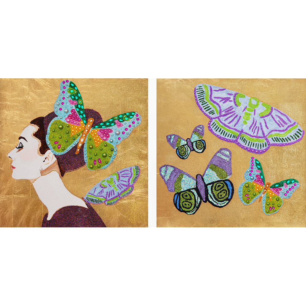 #11 Audrey Diptych With Lace Moths & Butterflies on Gold Leaf