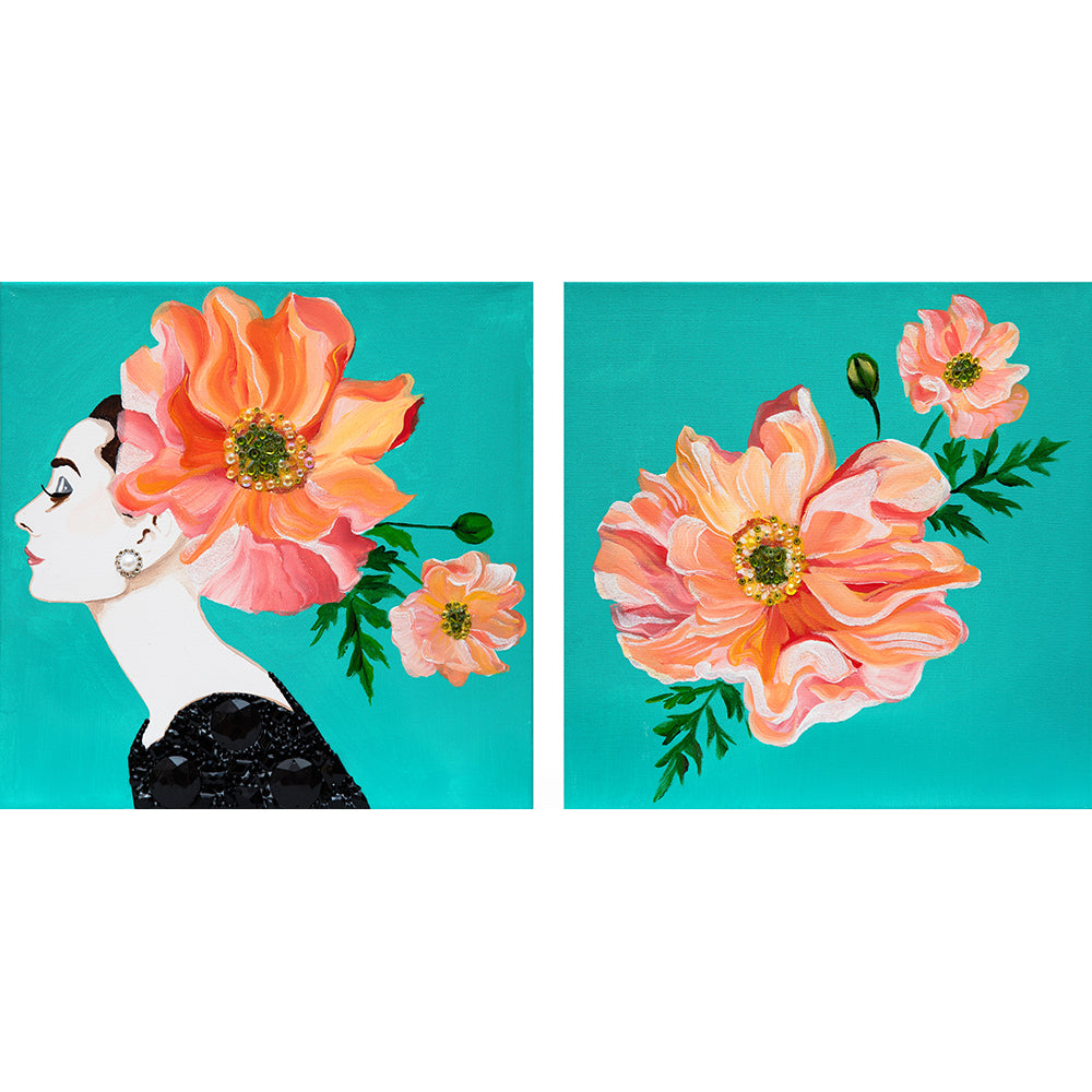 #5 Audrey Diptych With Peach Poppies on Verdigris