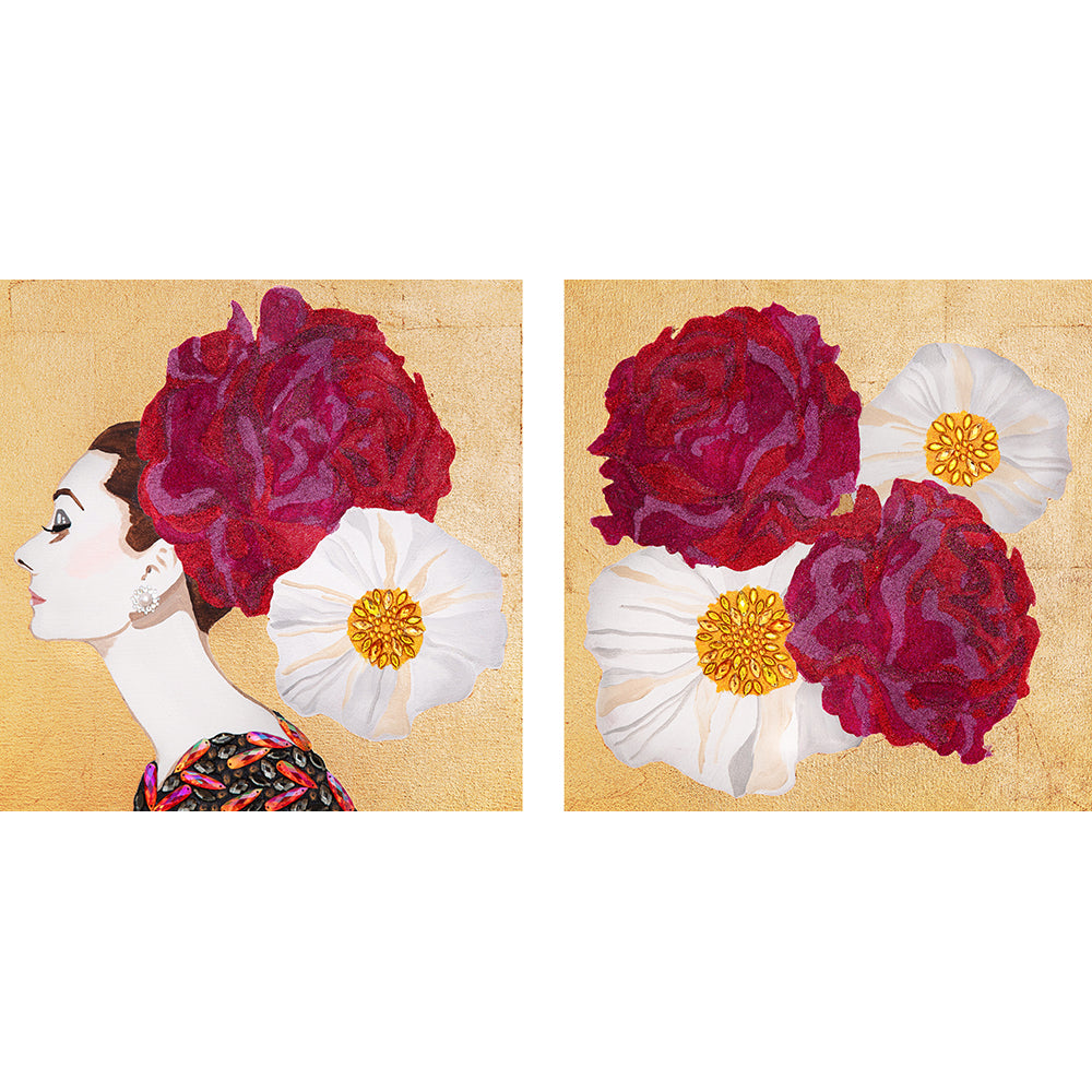 #16 Audrey Diptych With Pink Peonies & White Poppies on Gold Leaf