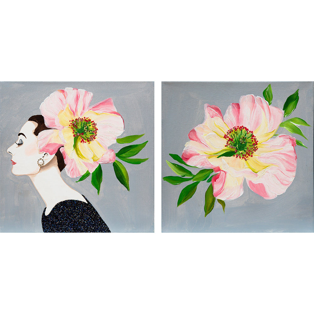 #9 Audrey Diptych With Pink Poppies on Cloud Gray