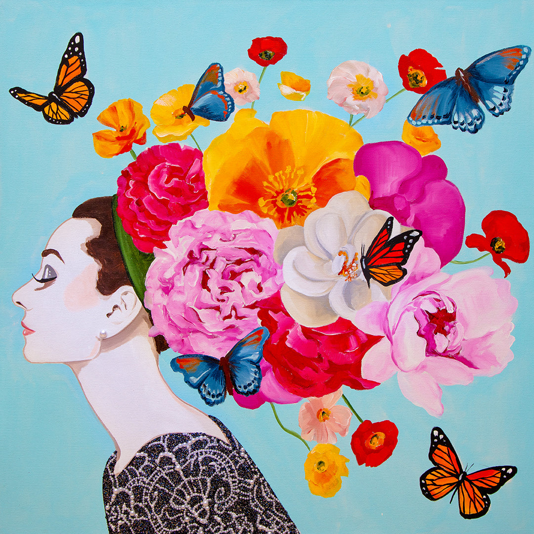 Audrey with Peony and Poppy Chapeau on Sky Blue