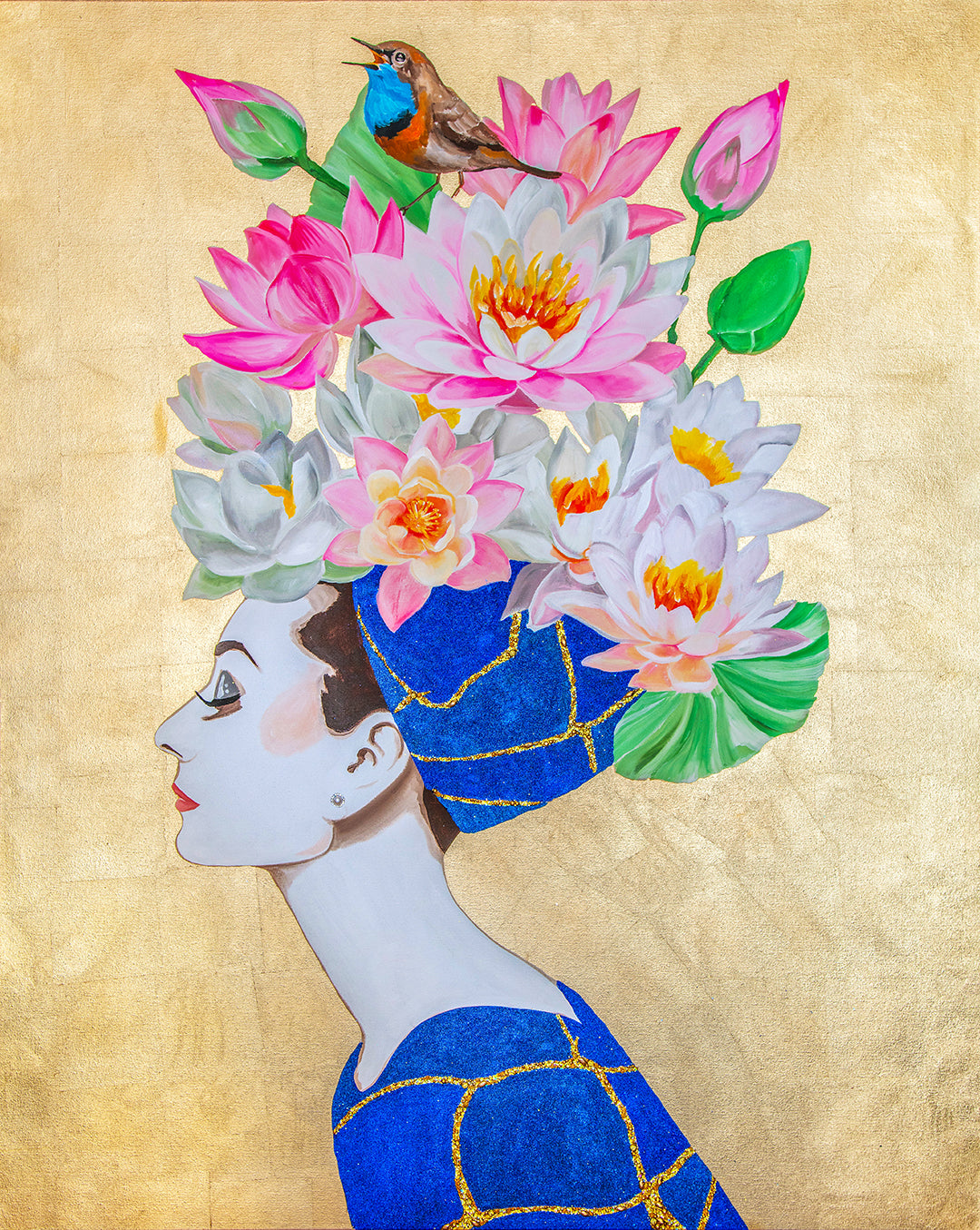 Audrey with Lotus Chapeau, Bluethroat Thrush and Cobalt Kintsugi Dress on Gold Leaf