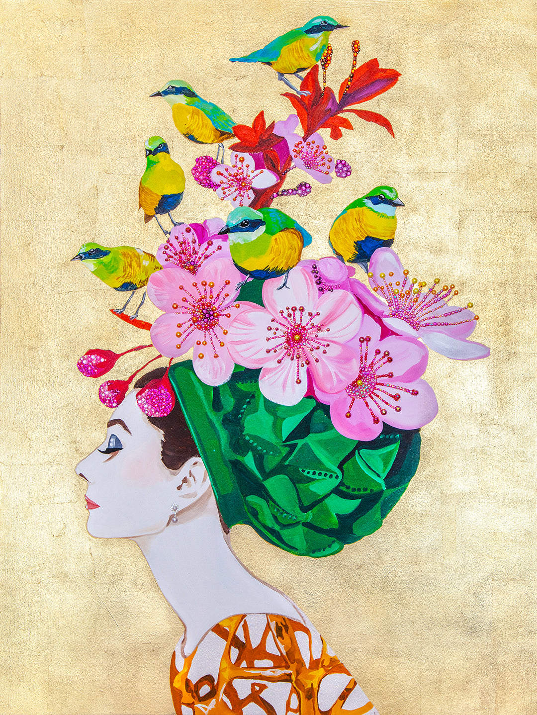 Audrey with Cherry Blossoms and Green Jays on Gold Leaf
