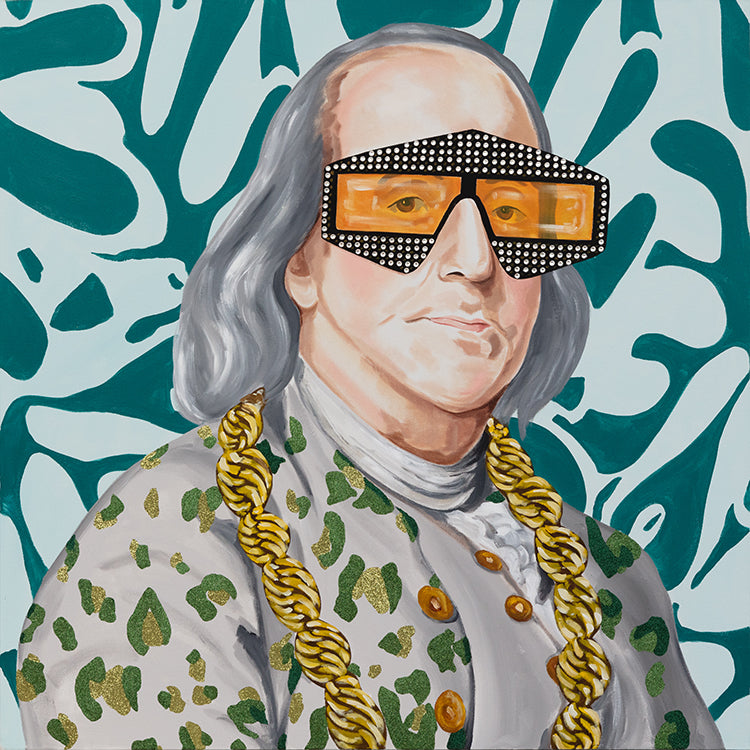Ben Franklin in Leopard Jacket on Blue Matisse Background