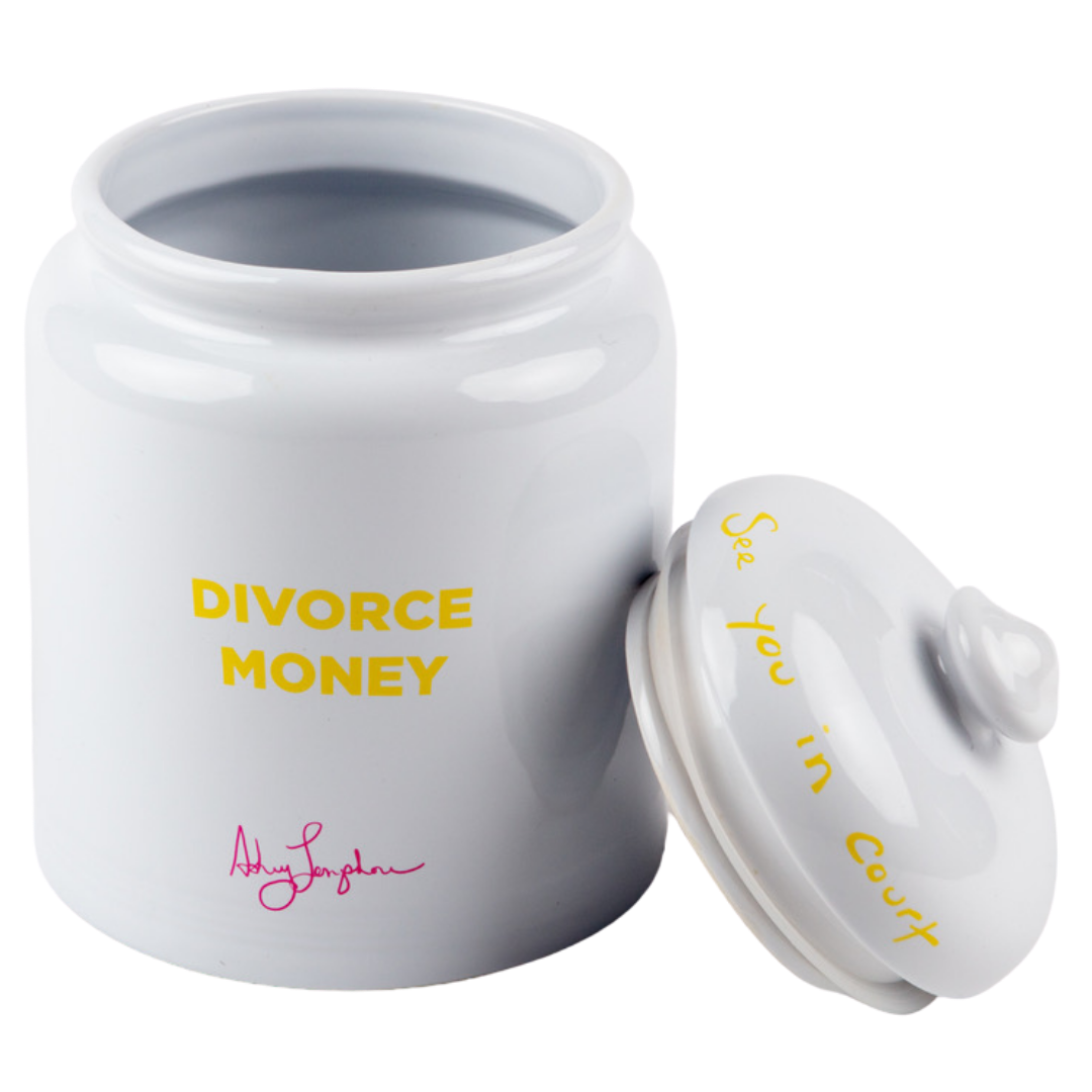 Porcelain Thought Jar, featuring a self-portrait of Ashley Longshore on one side with "Divorce Money" and Ashley Longshore Signature on reverse-- silicon sealed lid reads:" See you in court" in Ashley's handwriting.