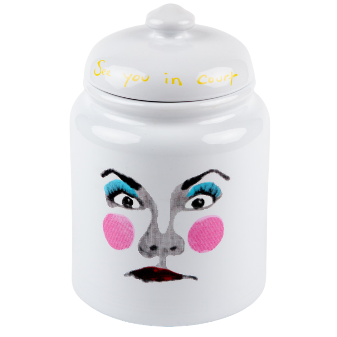 Porcelain Thought Jar, featuring a self-portrait of Ashley Longshore on one side with "Divorce Money" and Ashley Longshore Signature on reverse-- silicon sealed lid reads:" See you in court" in Ashley's handwriting.