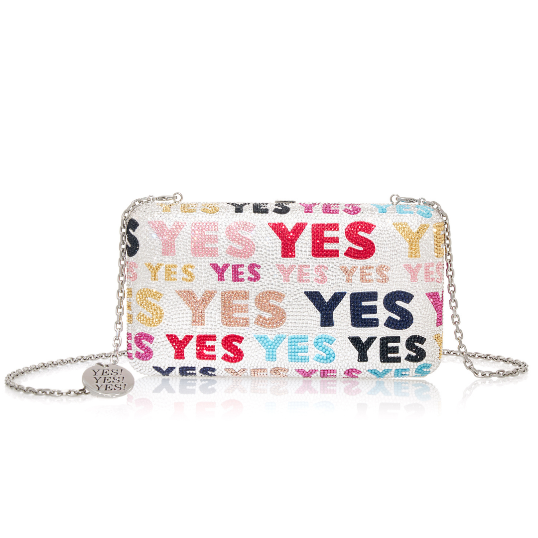 This incredible Judith Leiber x Ashley Longshore bag comes with a 12x12 painting!!! So it's a TWOFER!  Bag and artwork will ship within 8-10 weeks.  My team will reach out to work with you on your ARTWORK preference!!!  13,000 handset crystals and 18 different crystal varieties  Nickel plated frame and silver plated crossbody chain with Ashley Longshore x Judith Leiber LOGO