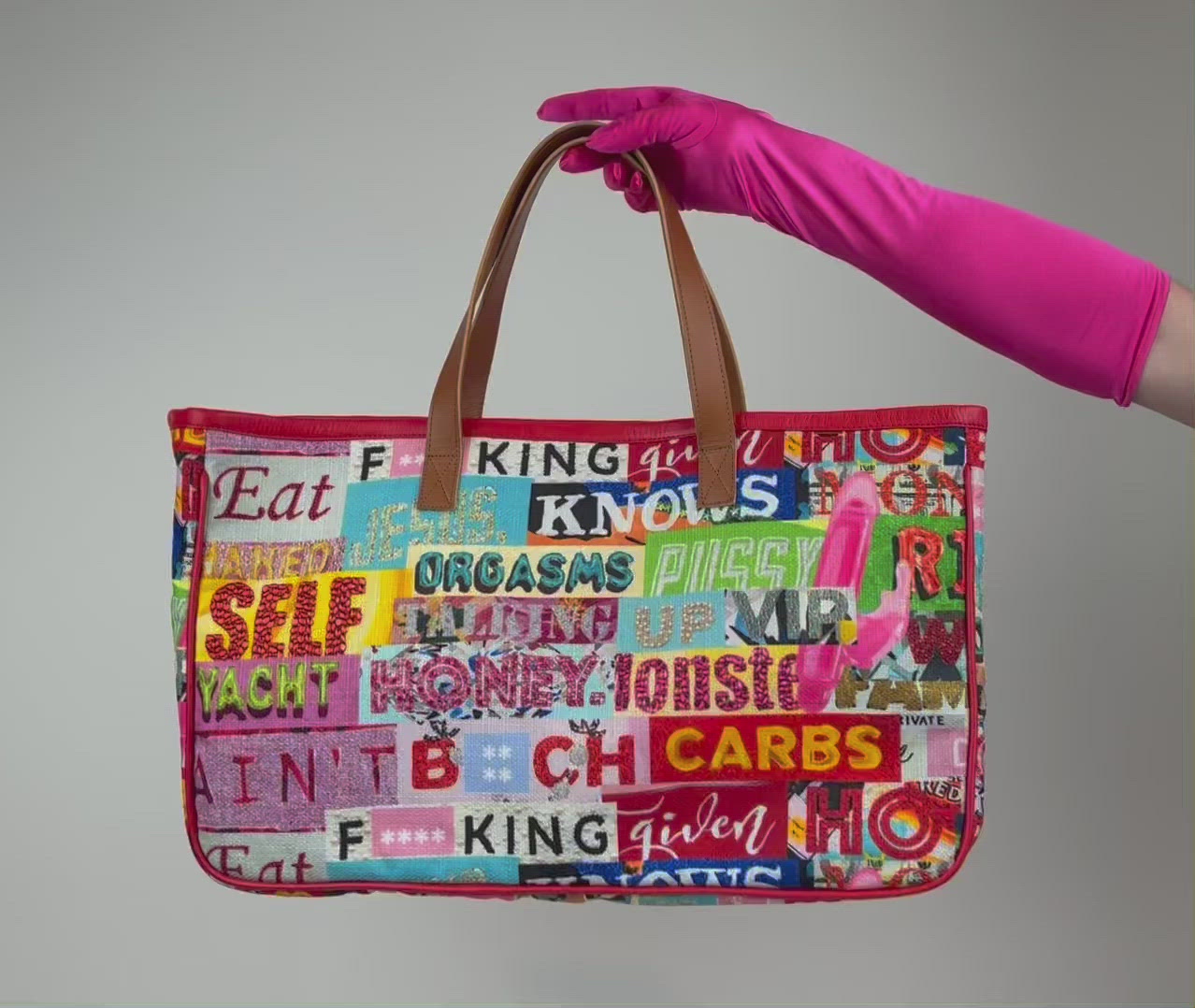 THE FIRST Tote available from the fabric I created for Project Runway... I pulled sections from my labeled artworks and popped them into this SUPER chic tote!!! It's got so much POP and is so much FUN!!!!!! YAY!!!!! 20" x 12" x 5" high quality cotton canvas tote trimmed in 100% Nappa Leather with 7" handles.