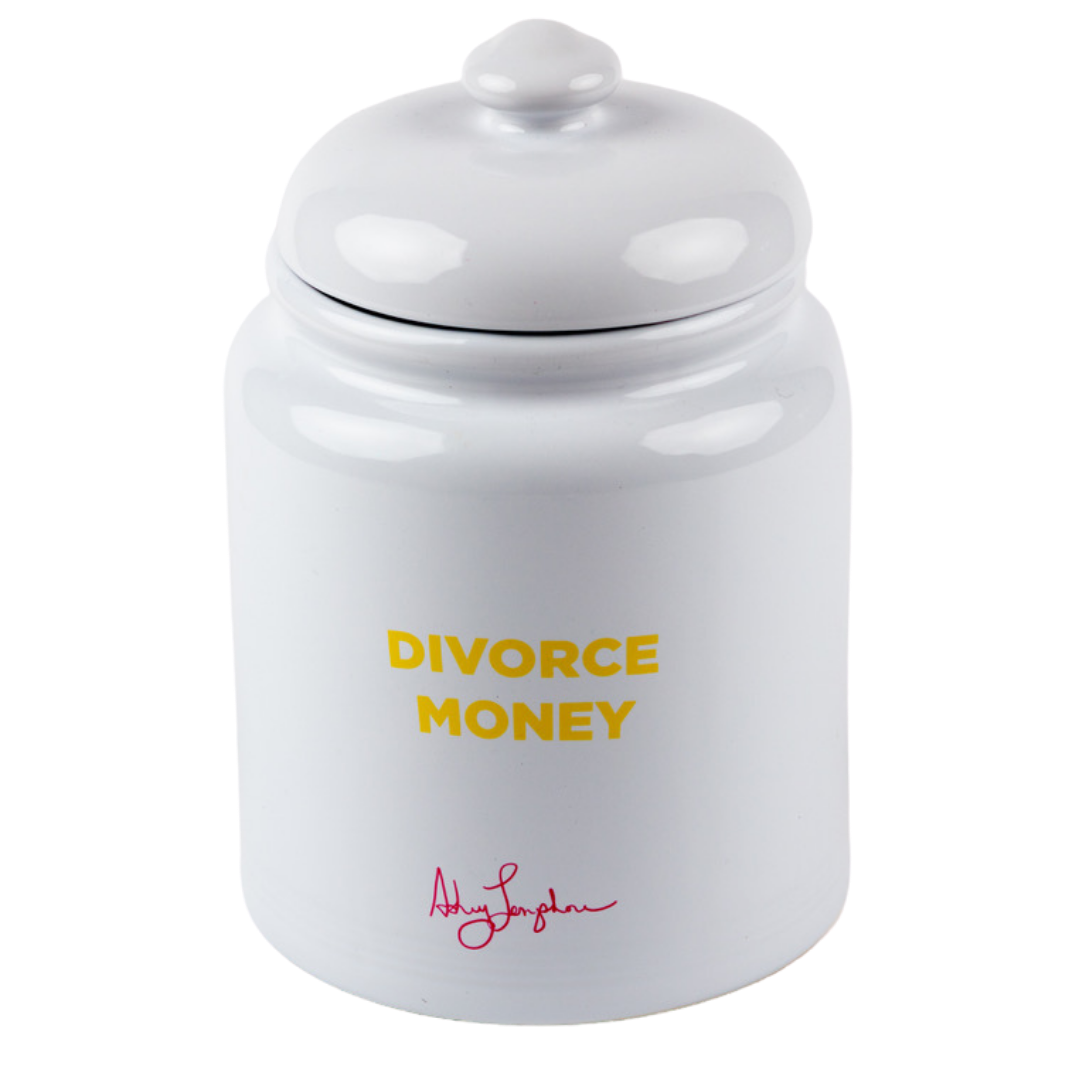 Porcelain Thought Jar, featuring a self-portrait of Ashley Longshore on one side with "Divorce Money" and Ashley Longshore Signature on reverse-- silicon sealed lid reads:" See you in court" in Ashley's handwriting.