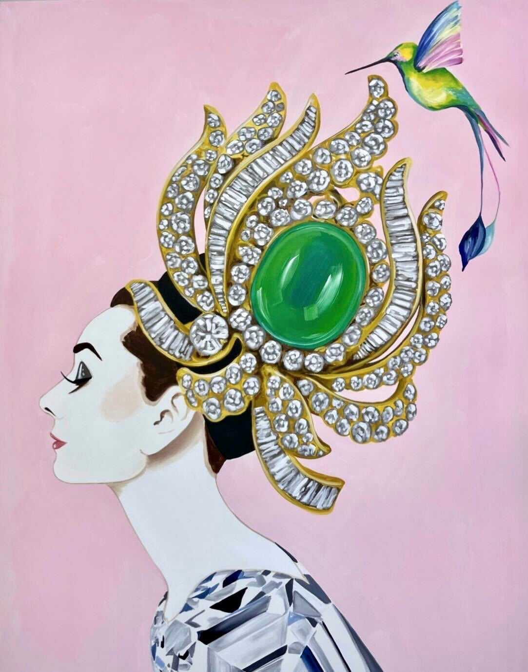Audrey with Long-tailed Sylph Hummingbird and Diamond and Jade Brooch