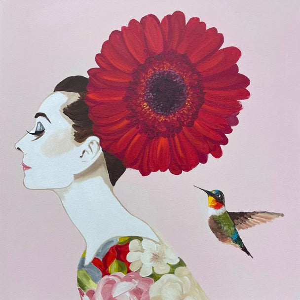 Audrey with Transvaal Daisy and Ruby-Throated Hummingbird