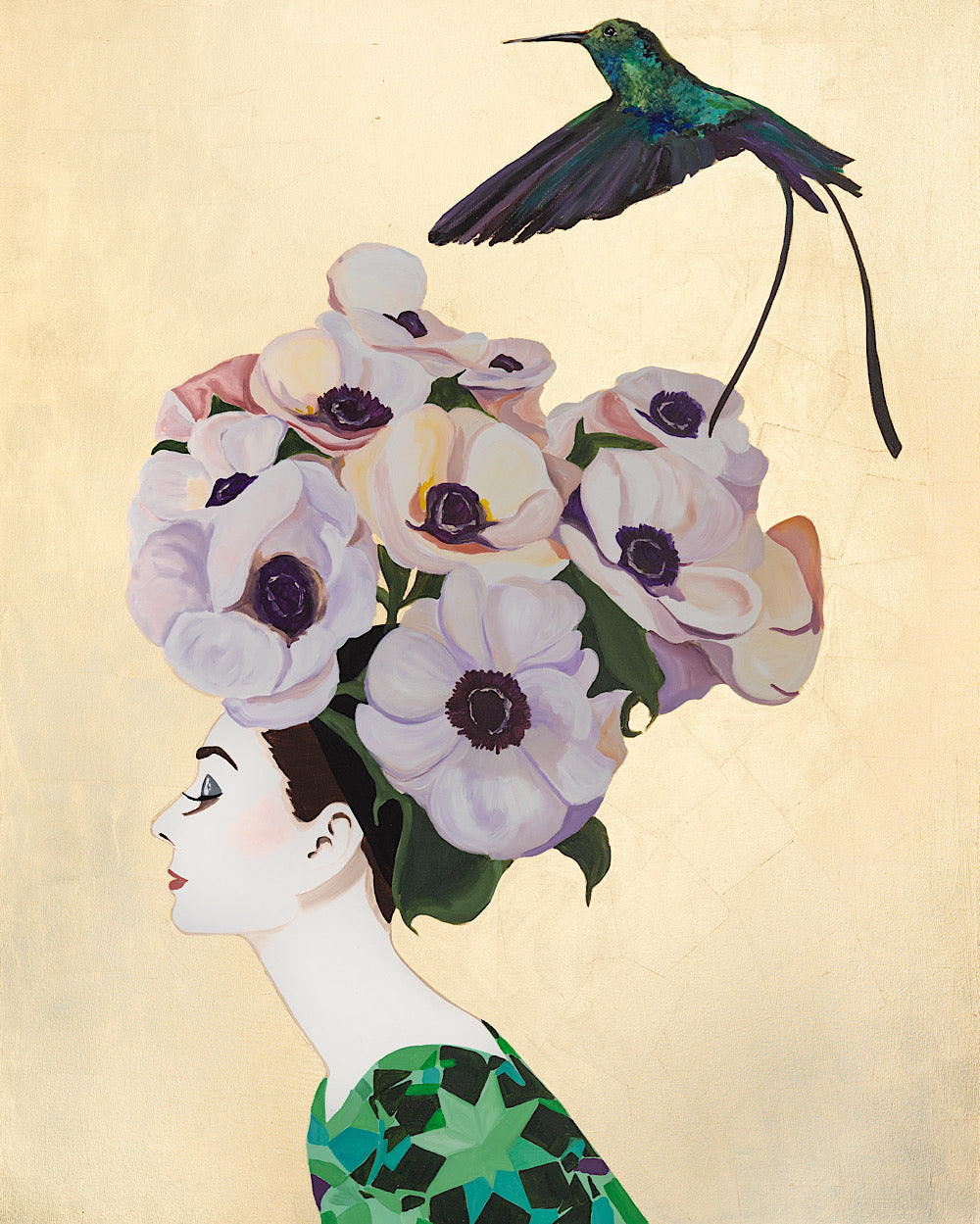 Audrey with Poppy Anemones and Emerald Dress on Gold Leaf