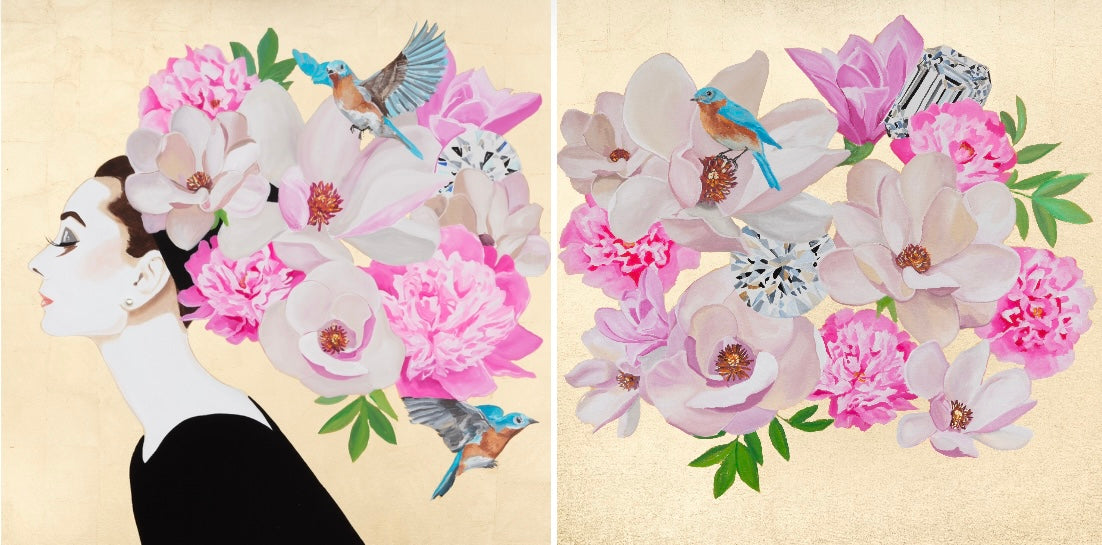 Audrey Diptych with Bluebirds and Pink Florals