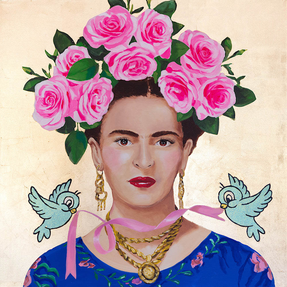 Frida with Bluebirds and Pink Rose Headdress