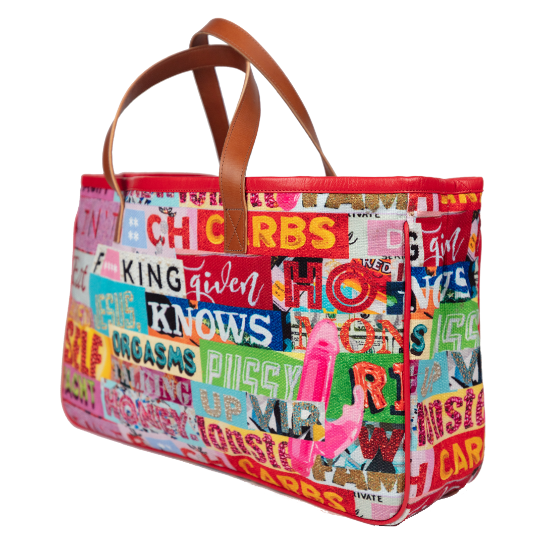 THE FIRST Tote available from the fabric I created for Project Runway... I pulled sections from my labeled artworks and popped them into this SUPER chic tote!!! It's got so much POP and is so much FUN!!!!!! YAY!!!!! 20" x 12" x 5" high quality cotton canvas tote trimmed in 100% Nappa Leather with 7" handles.