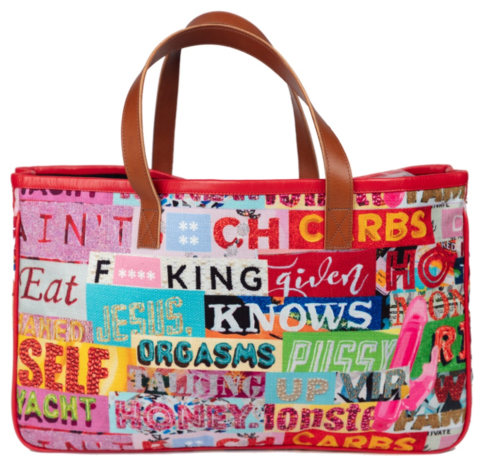 THE FIRST Tote available from the fabric I created for Project Runway... I pulled sections from my labeled artworks and popped them into this SUPER chic tote!!! It's got so much POP and is so much FUN!!!!!! YAY!!!!! 20" x 12" x 5" high quality cotton canvas tote trimmed in 100% Nappa Leather with 7" handles.