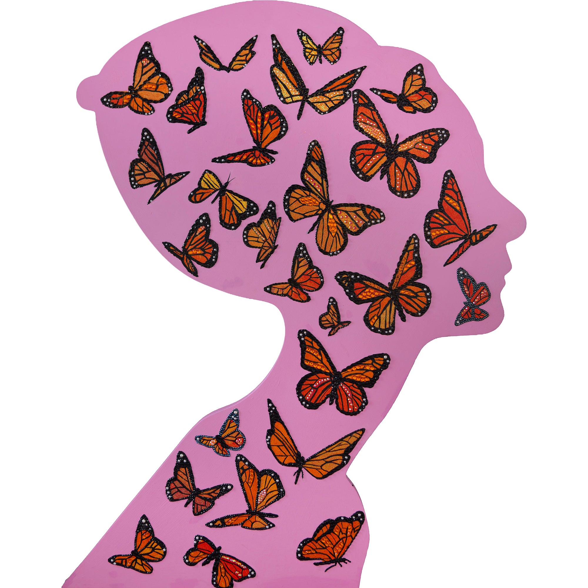 Audrey Profile Cutout with Swarming Monarchs on Pink Background