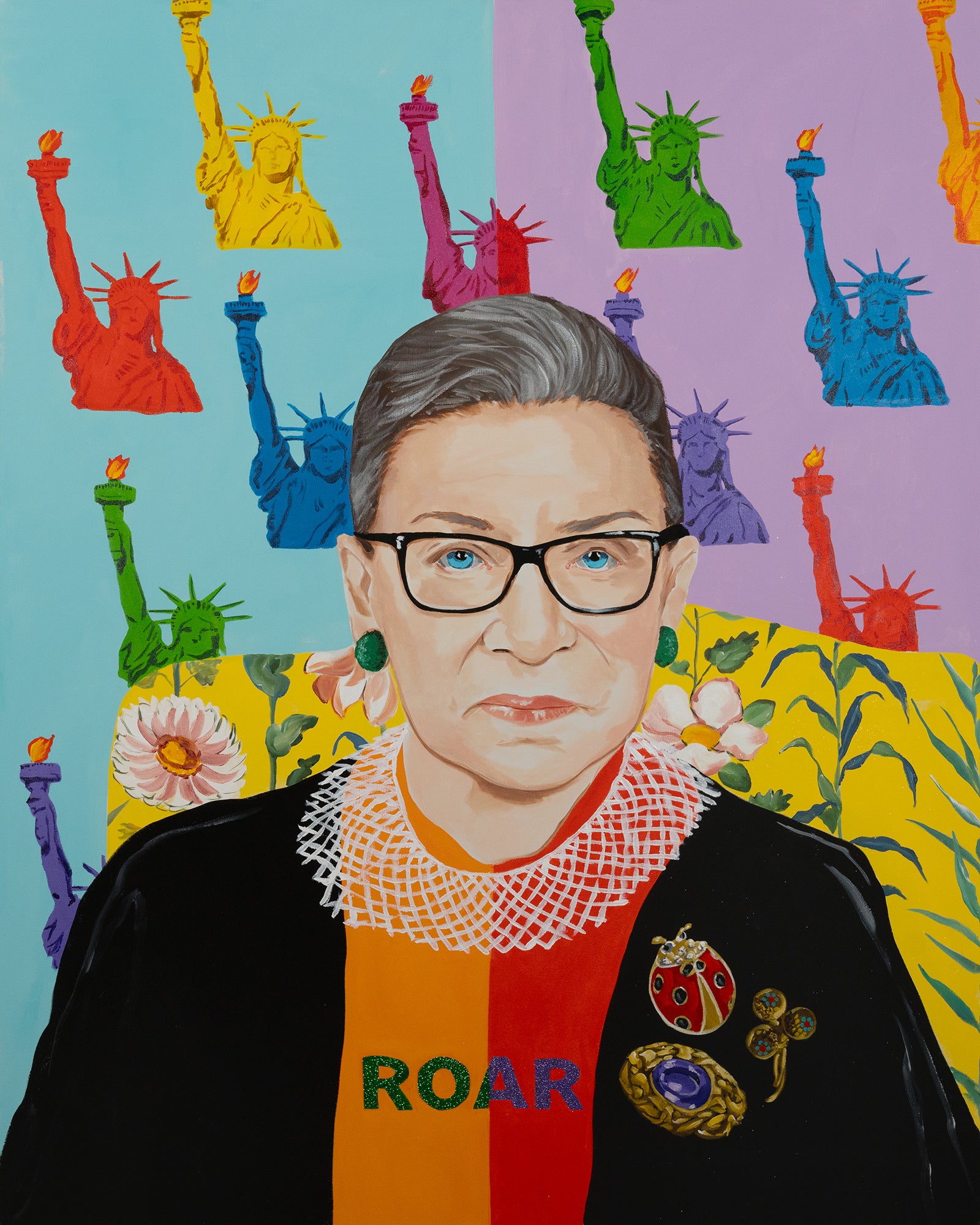 Ashley Longshore painting of RBG with colorful 'Statue of Liberty'  background.