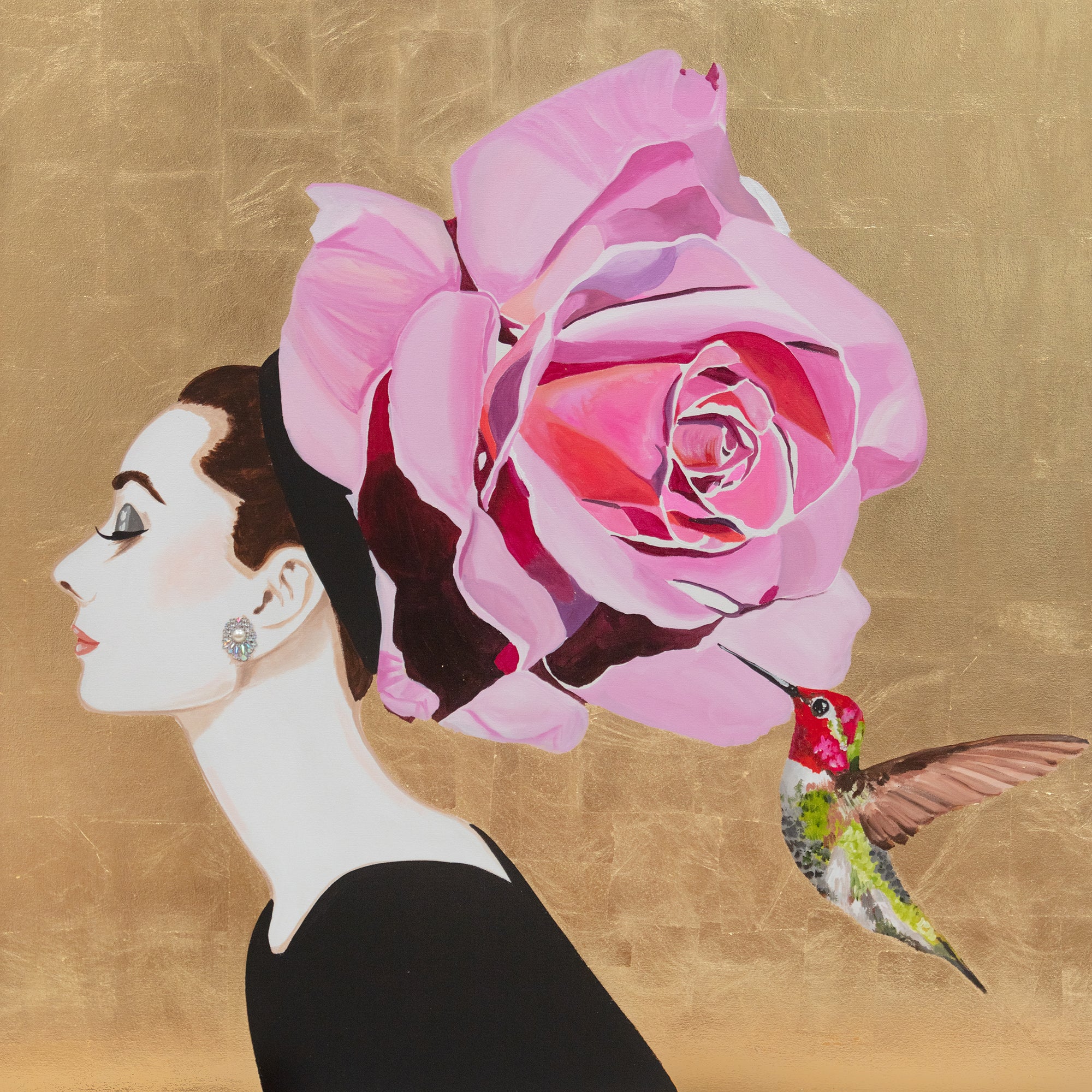 Audrey With Blush Rose and Anna’s Hummingbird on Gold Leaf