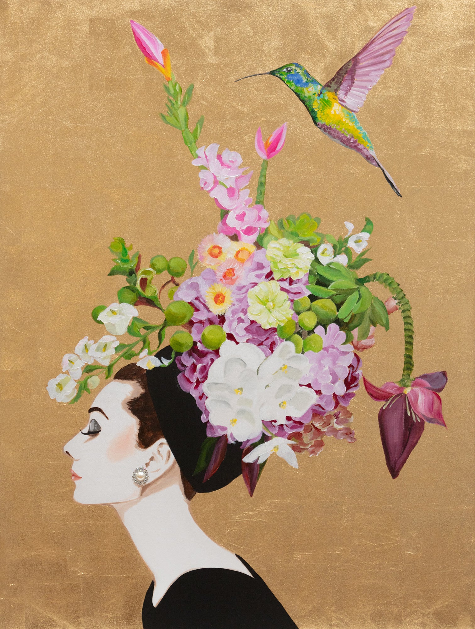 Audrey With Banana Blossom and Pastel Floral Bouquet on Gold Leaf