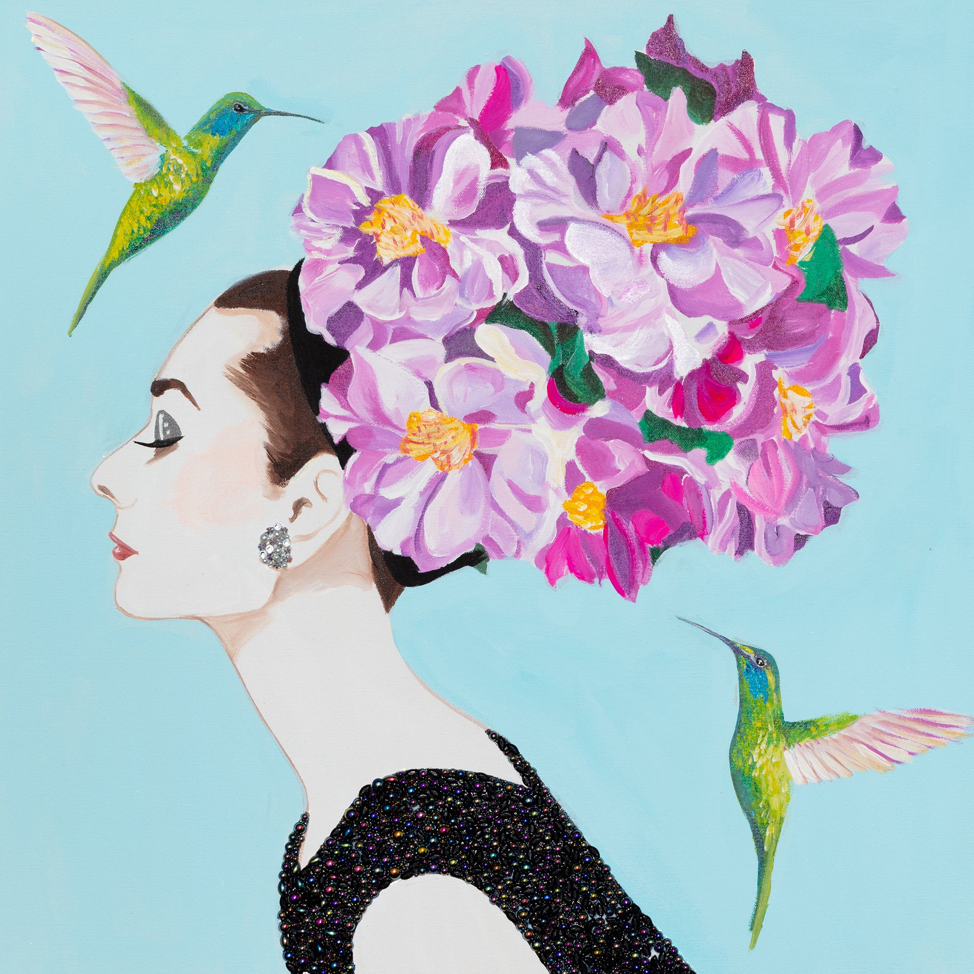Audrey With Chinese Peonies and Shining-Green Hummingbirds