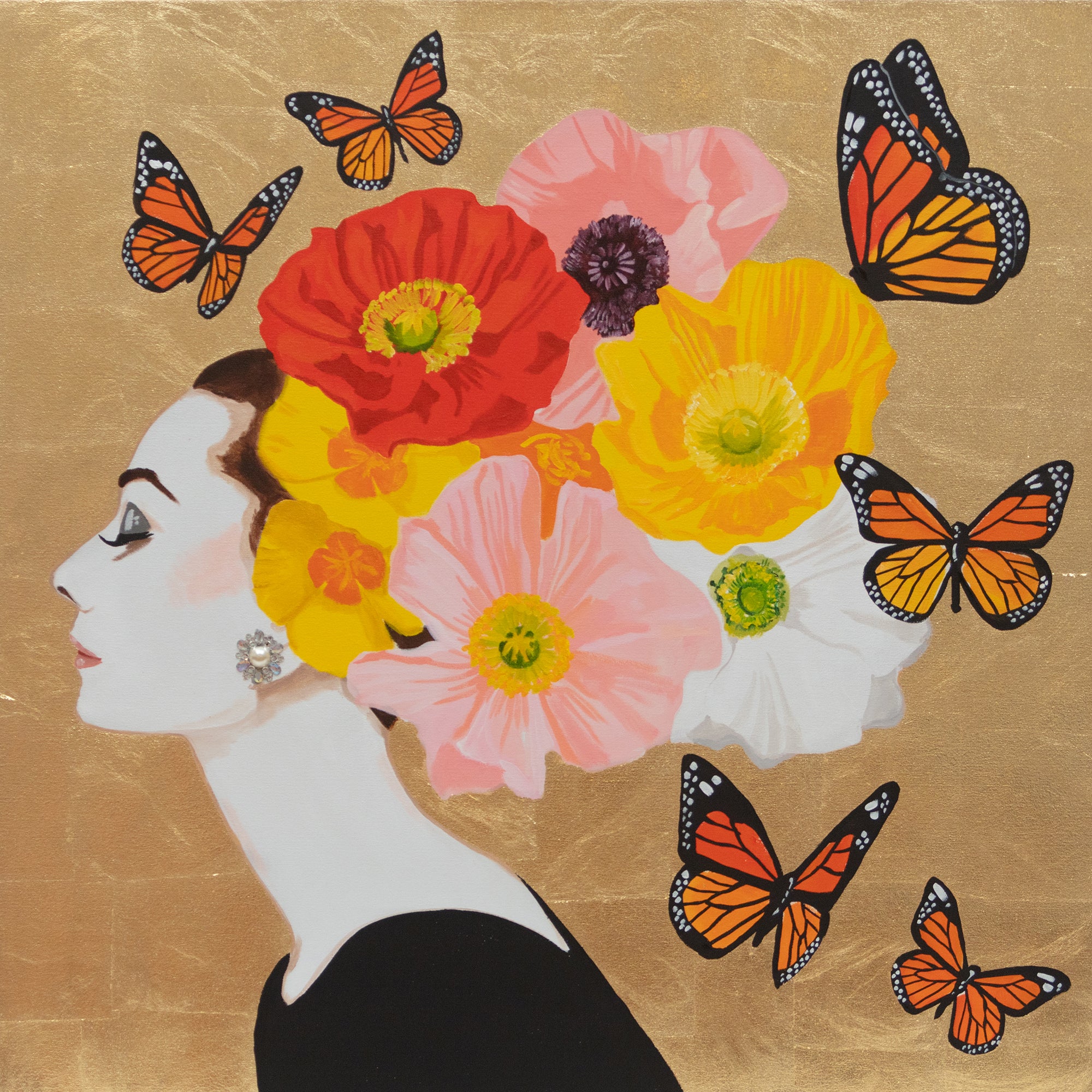 Audrey With Mixed Poppy Bouquet and Monarchs on Gold Leaf