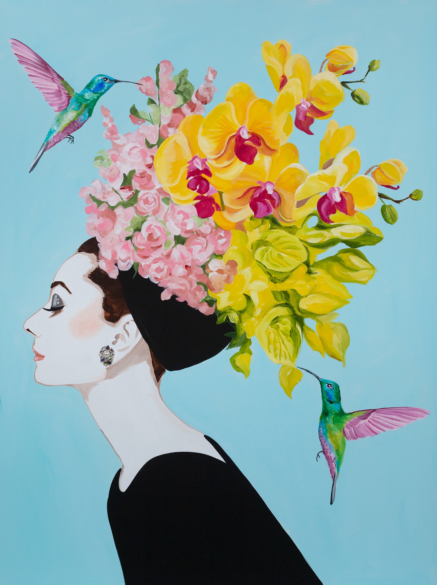 Audrey With Moth Orchid Bouquet and Blue-Chested Hummingbirds