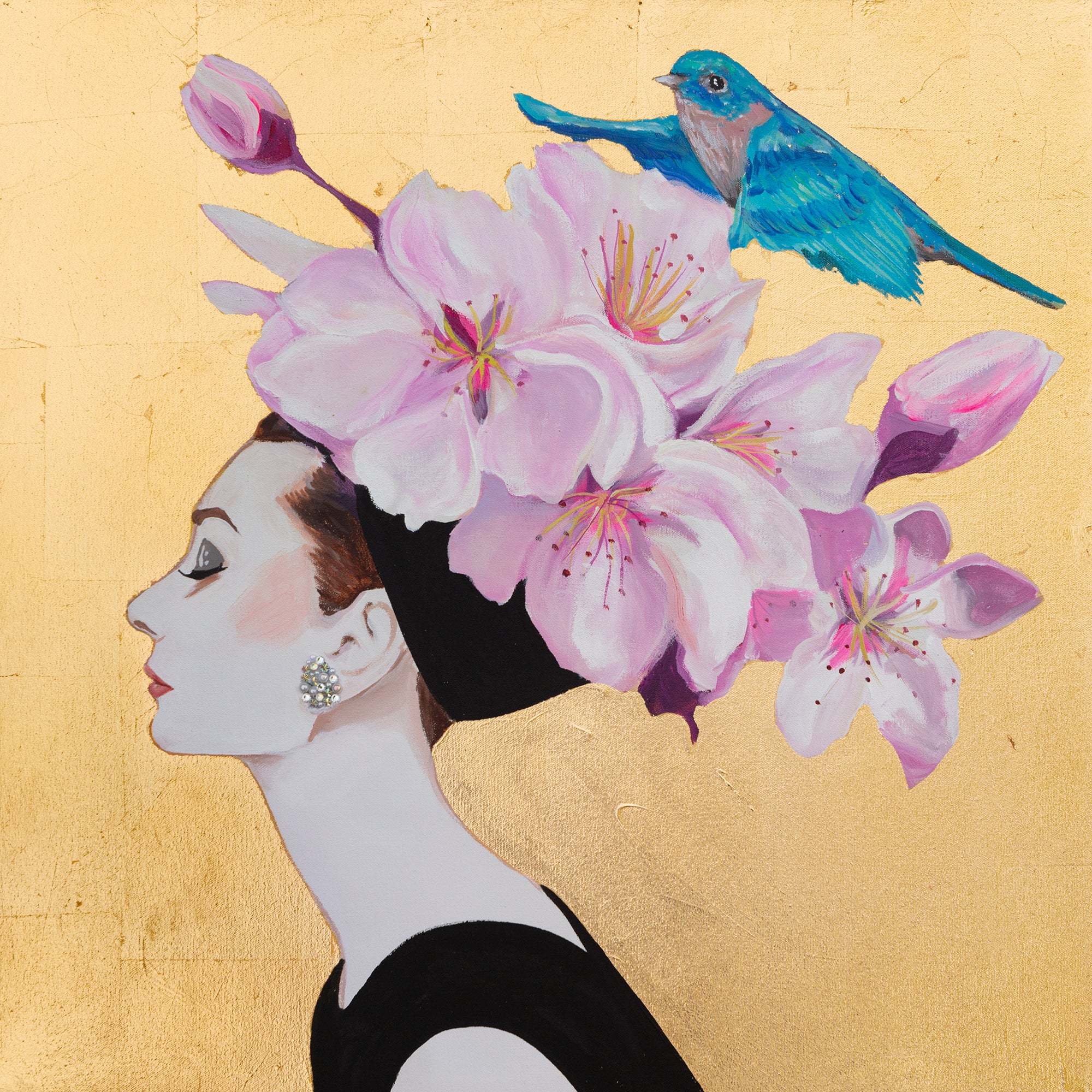 Audrey With Peach Blossoms and Blue Bird on Gold Leaf