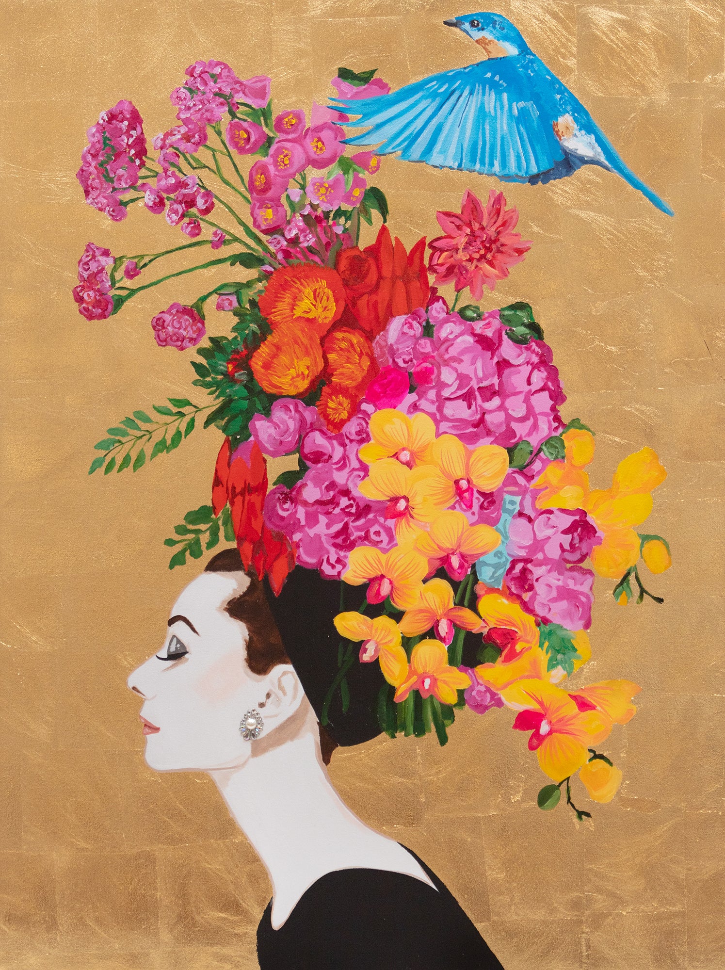 Audrey With Vivid Floral Bouquet and Blue Bird on Gold Leaf