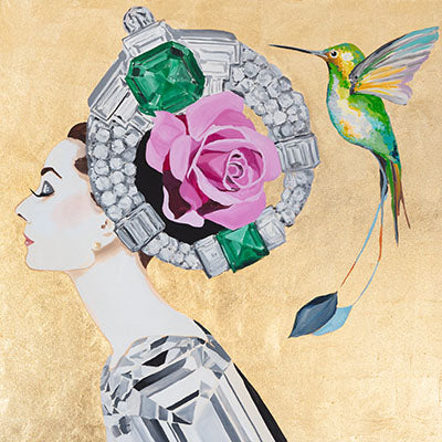Audrey With Vintage Brooch and Pink Rose Chapeau on Gold Leaf