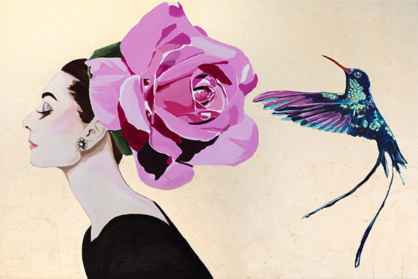 Audrey With Pink Rose Chapeau and Long-Tailed Hummingbird on Gold Leaf