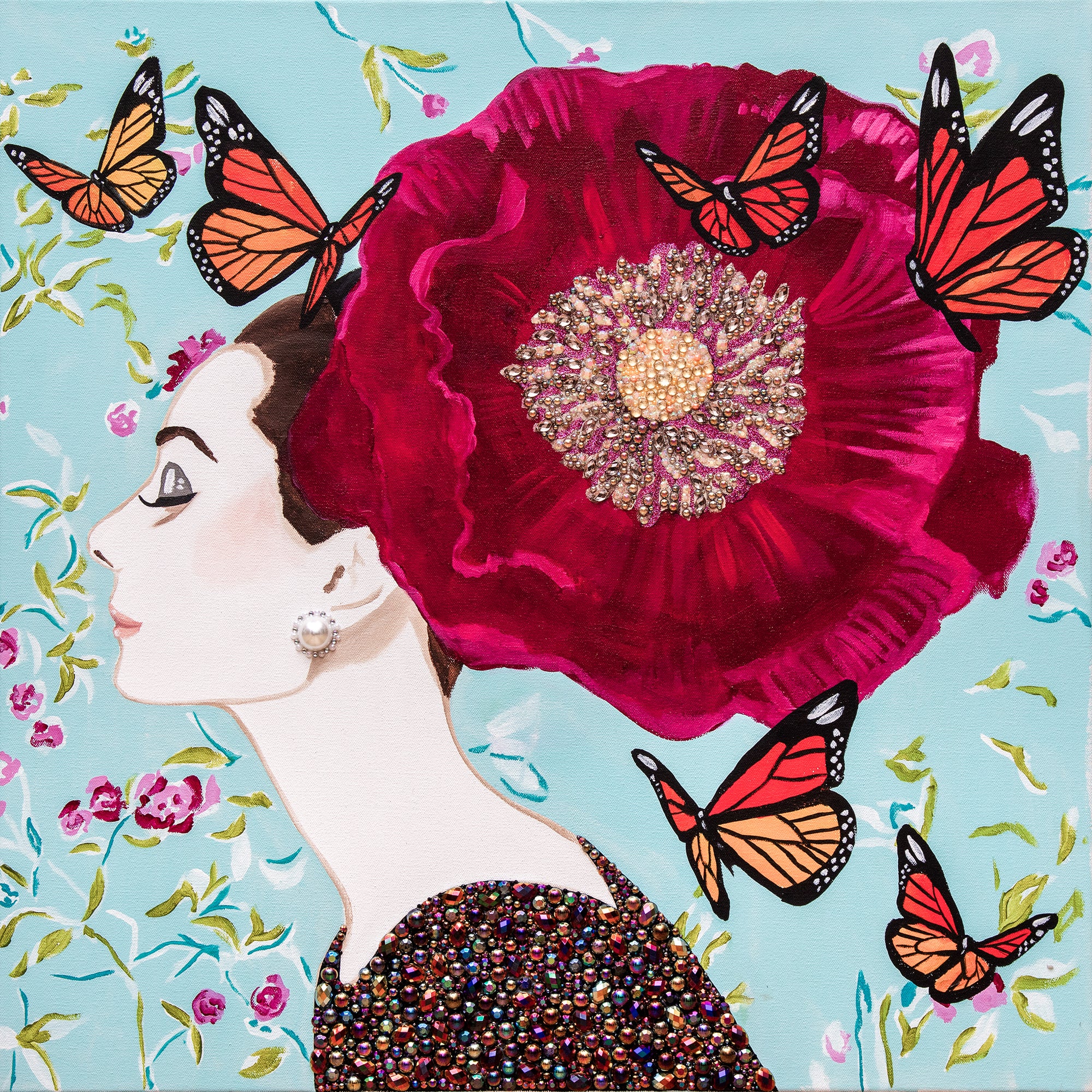 Audrey with Black Beauty Poppy Chapeau on Sky Floral