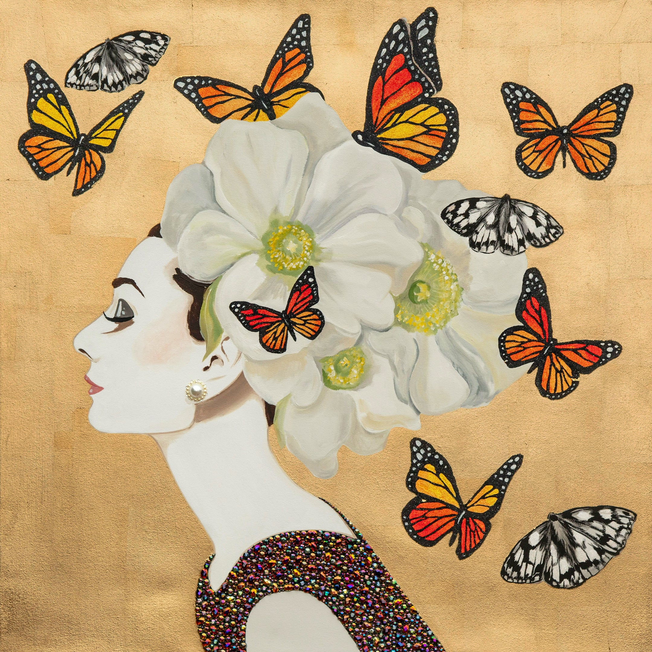 Audrey with California Poppies & Butterflies on Gold Leaf
