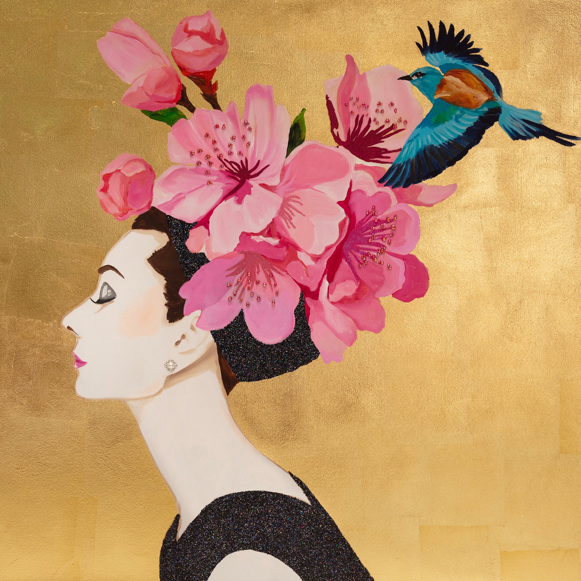 Audrey with Cherry Blossoms & European Roller Bird on Gold Leaf