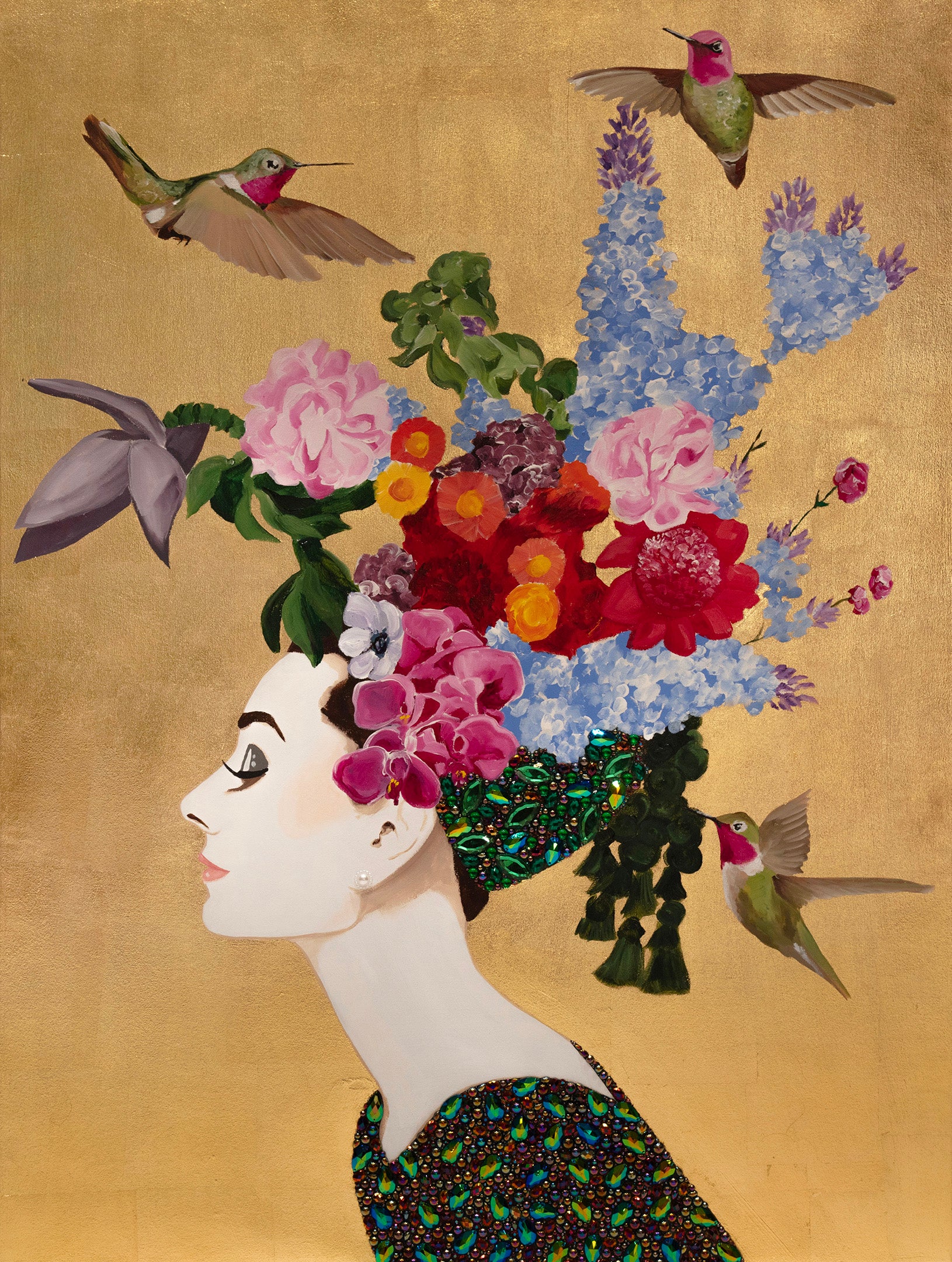 Audrey with Green Tassel Chapeau, Lilacs & Ruby-Throated Hummingbirds on Gold Leaf
