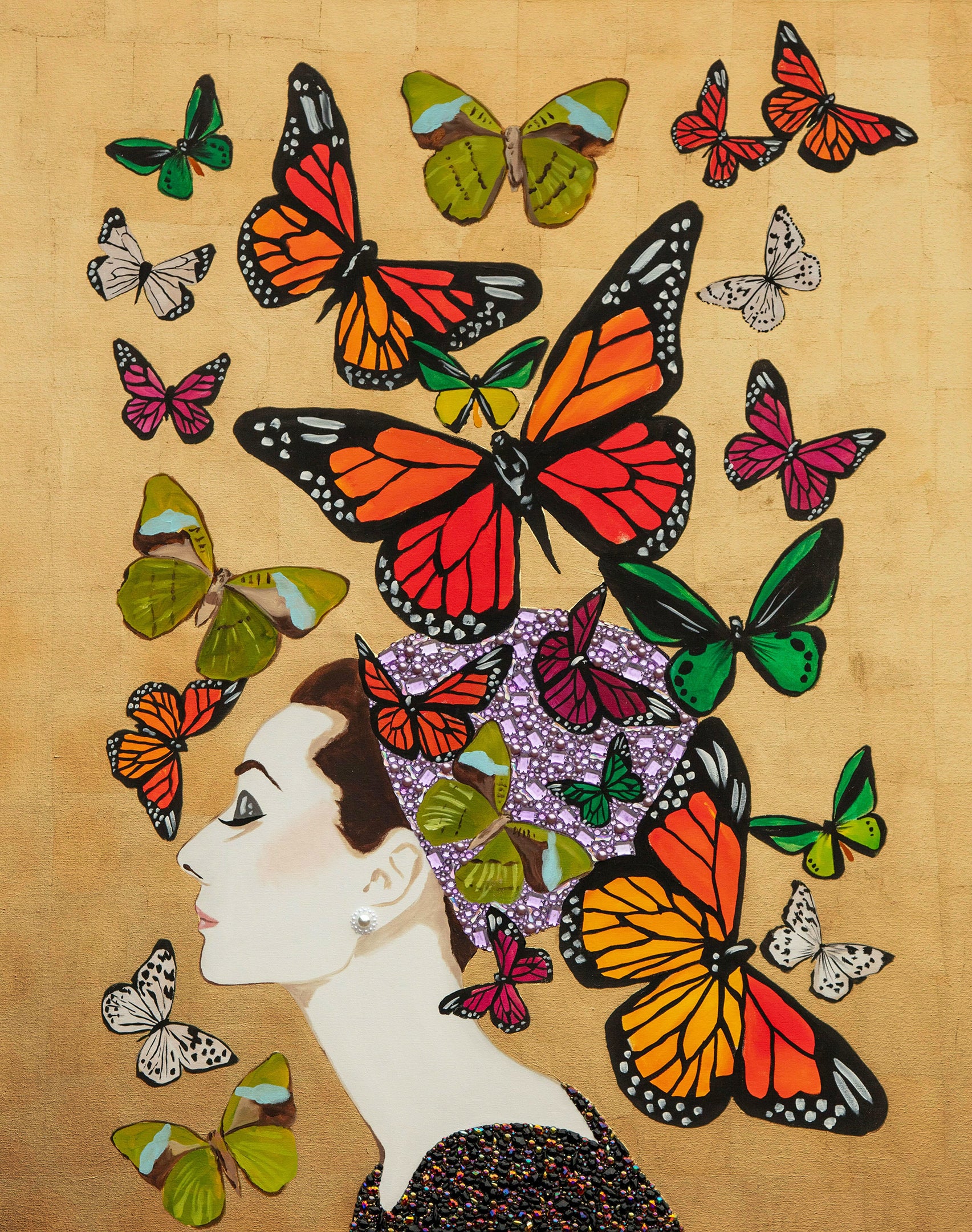 Audrey with Lilac Chapeau & Butterfly Swarm on Gold Leaf